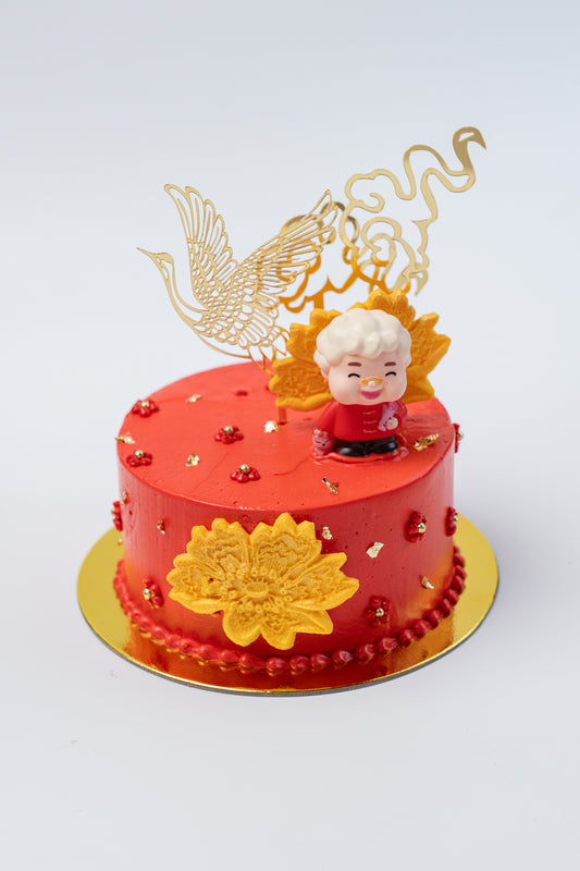 Chinese Birthday Cake - Ama, Gold Peonies and Crane