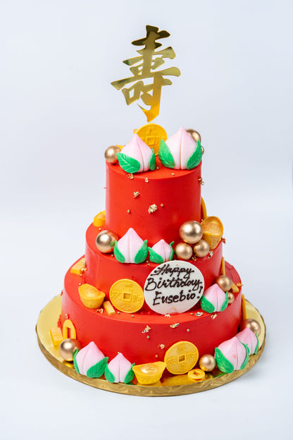 Chinese Birthday Cake - Chinese Long Life Peaches/Gold Ingots, Bars and Coins