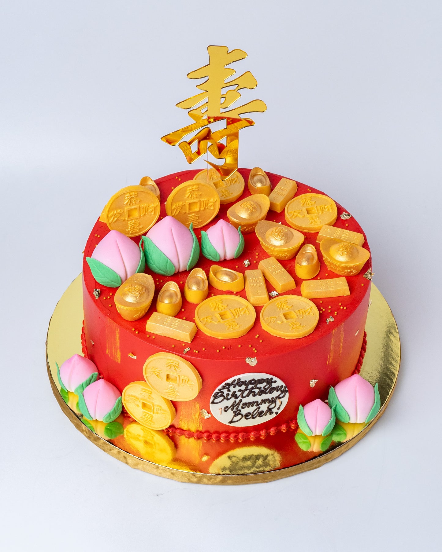 Chinese Birthday Cake - Chinese Long Life Peaches/Gold Ingots, Bars and Coins