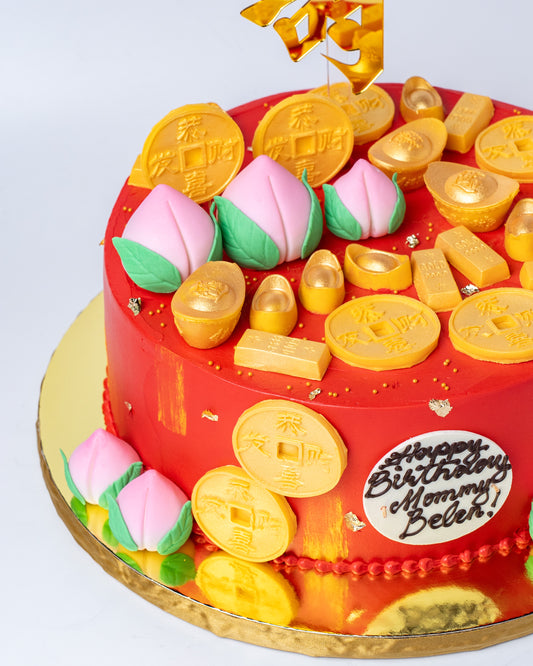 Chinese Birthday Cake - Chinese Long Life Peaches/Gold Ingots, Bars and Coins