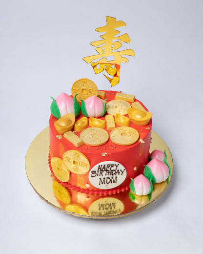 Chinese Birthday Cake - Chinese Long Life Peaches/Gold Ingots, Bars and Coins