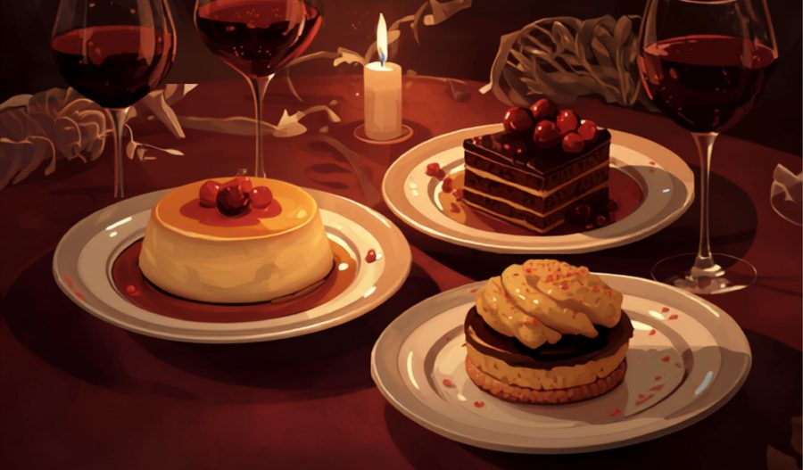 Candlelit table of Indulge desserts and wine